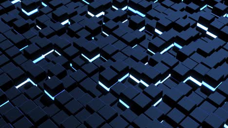 4k abstracto en bucle fondo oscuro ondas de cubos en el plano, luces de neón. cuadrícula de cubos como bombillas de neón azul. vj estilo de neón cyberpunk bg para evento, presentación. diseño de movimiento clásico simple telón de fondo