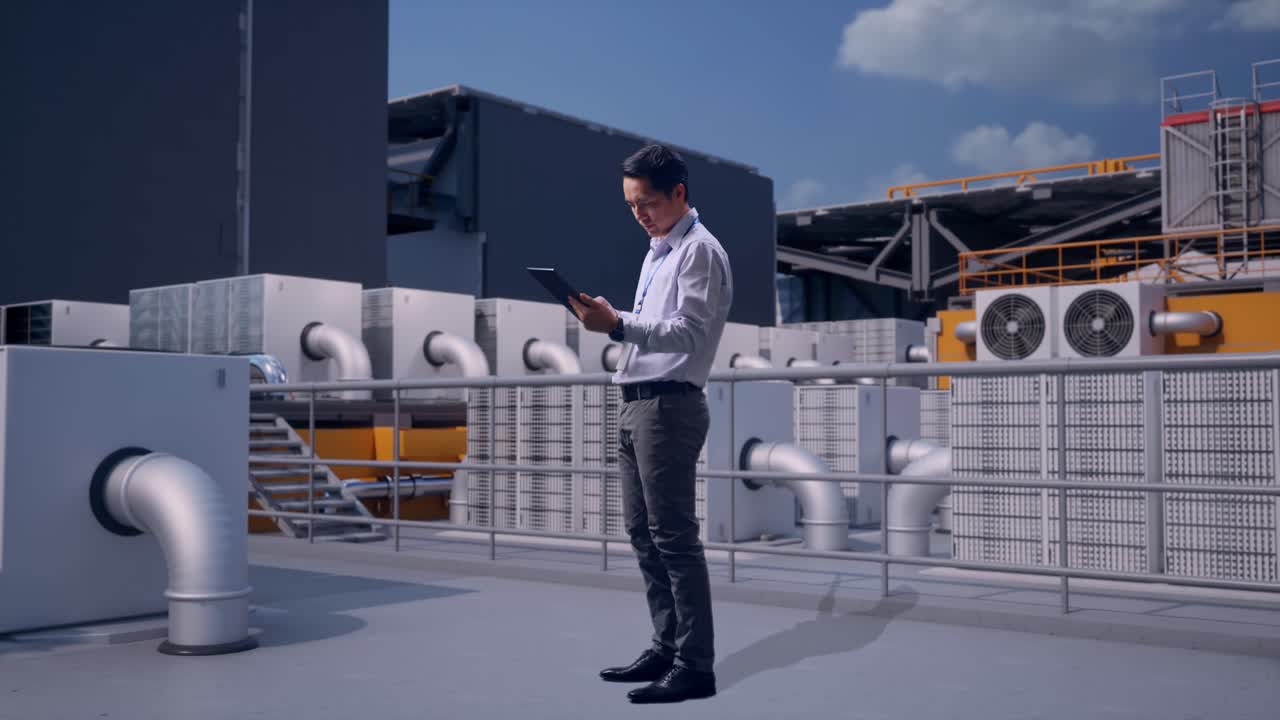 Full Body Side View Of An Asian Male Professional Worker Standing With His Tablet, Worker Inspecting Rooftop HVAC Units, Working Continuously With His Tablet