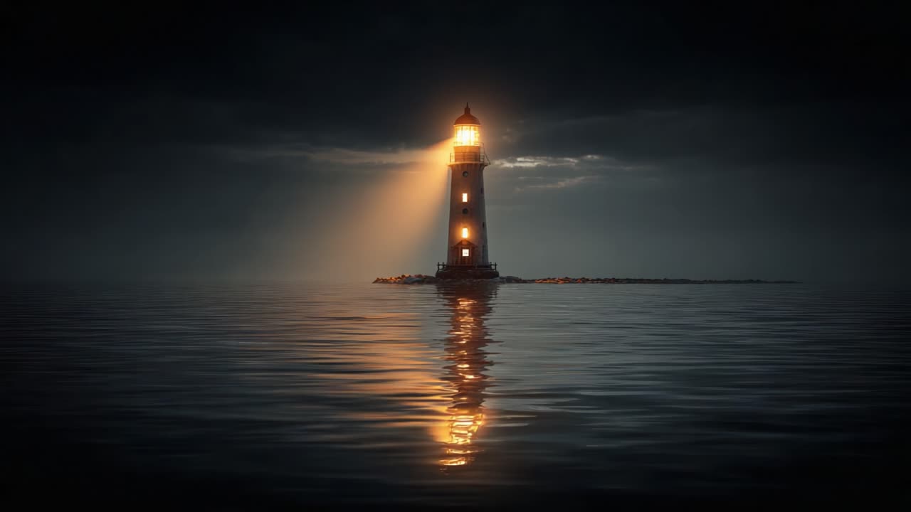 Issız bir deniz feneri, kararmış bir gökyüzüne karşı görkemli bir şekilde duruyor; ışığıyla sakin suları aydınlatıyor, kayıp ruhlara evlerine kılavuzluk ediyor ve gecede umudu simgeliyor.