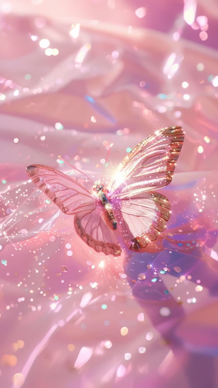 A dreamy, close-up video angle of a butterfly with iridescent wings against a pastel pink