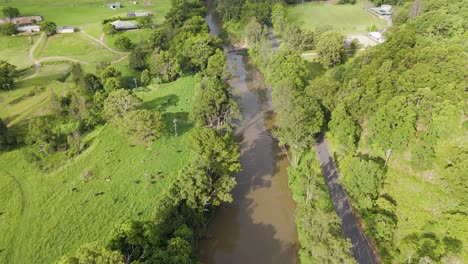 drone captures lush farmland and winding river