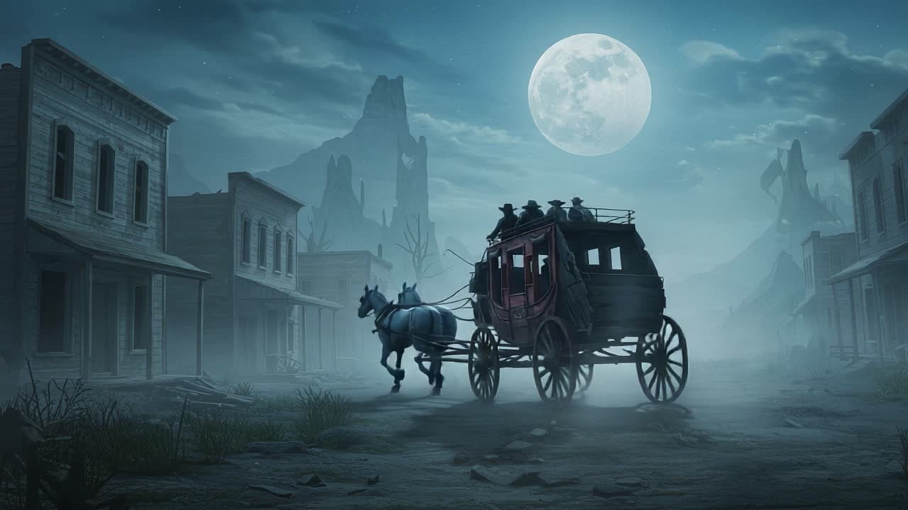 A Ghostly Moonlit Stagecoach Journey Through an Abandoned Town, Evoking an Atmosphere of Mystery and Intrigue in the Heart of the Night