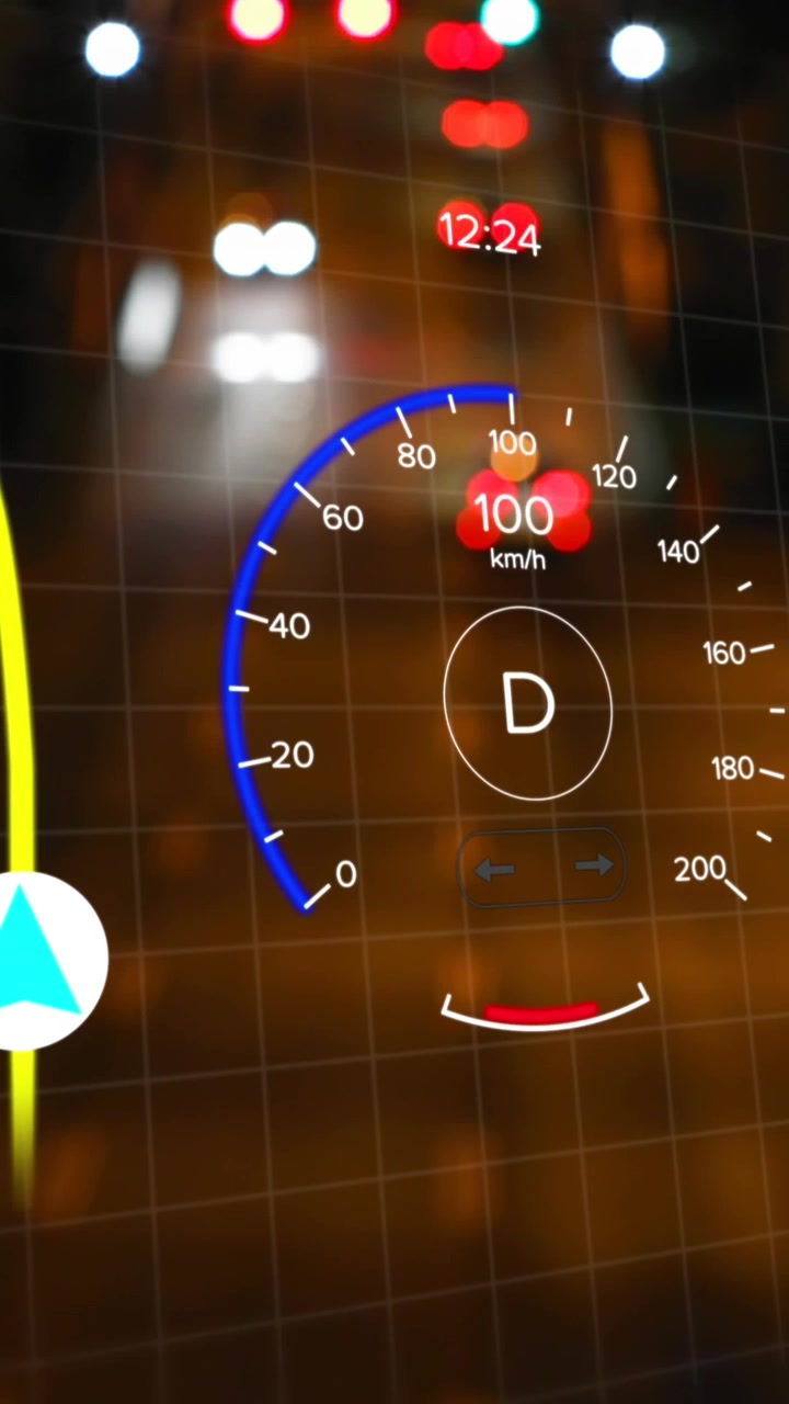 Animation of car interface wot navigation and speedometer against night city traffic