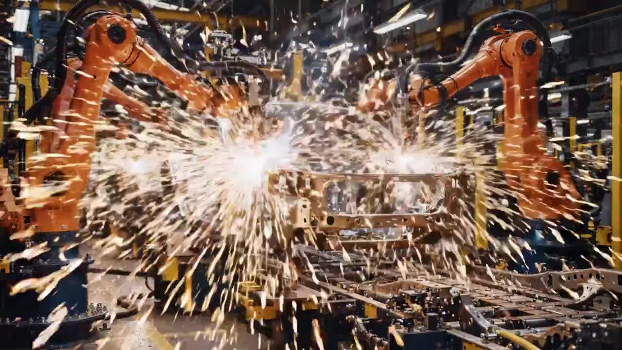High-Tech Automotive Production: Robotic Arms Assemble Car Frames with Precision and Efficiency in a Modern Manufacturing Facility, Highlighting Innovative Engineering Processes.