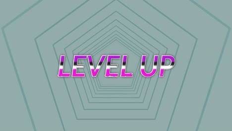 Animation-of-level-up-text-banner-over-pentagon-shapes-in-seamless-pattern-against-grey-background