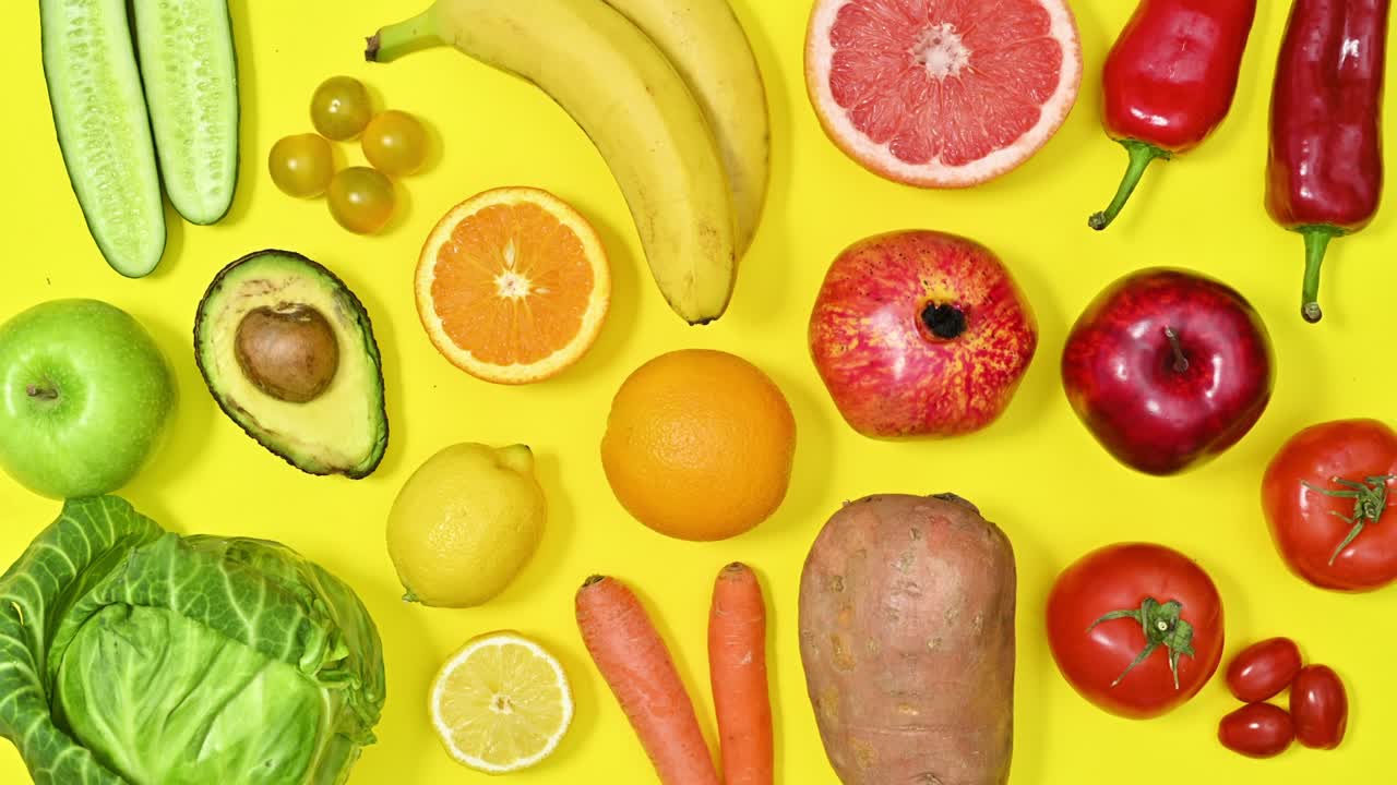 생생한 색의 유기농 과일과 채소가 노란색 배경에서 움직입니다.