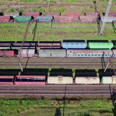 aerial view of railroad freight cars in a rail yard
