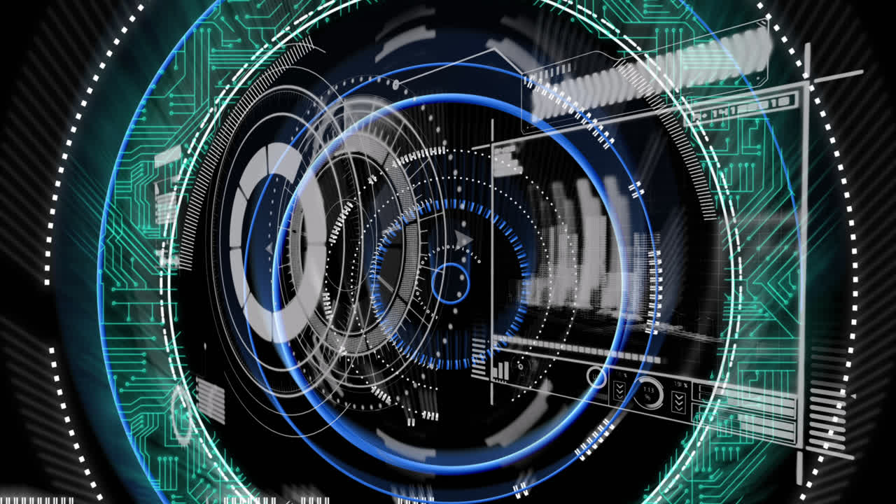 la animación muestra una pantalla de radiación con estadísticas futuristas contra una pantalla verde