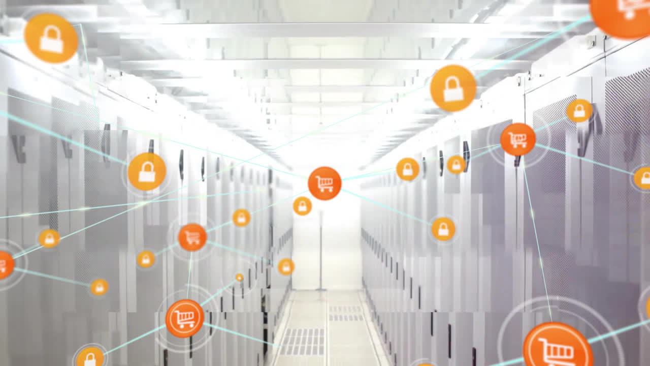 컴퓨터 서버를 통한 연결 네트워크로 데이터 처리의 애니메이션