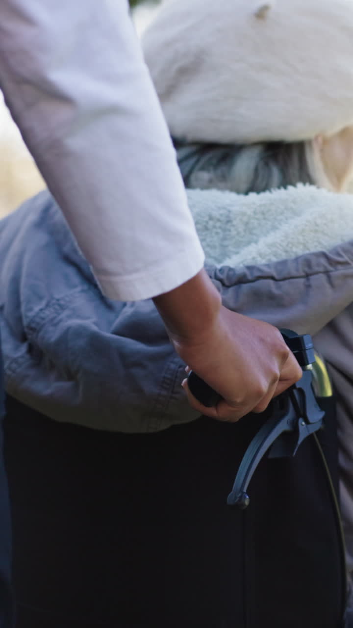 Caregiver's Hand Pushing an Elderly Person in a Wheelchair