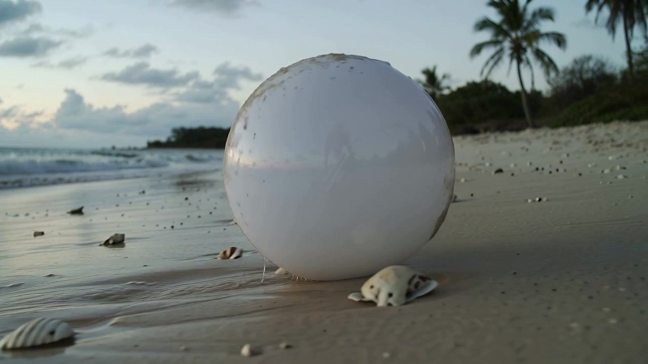Lifting small wave nudging white spherical buoy on shore, draining water and tilting with shells