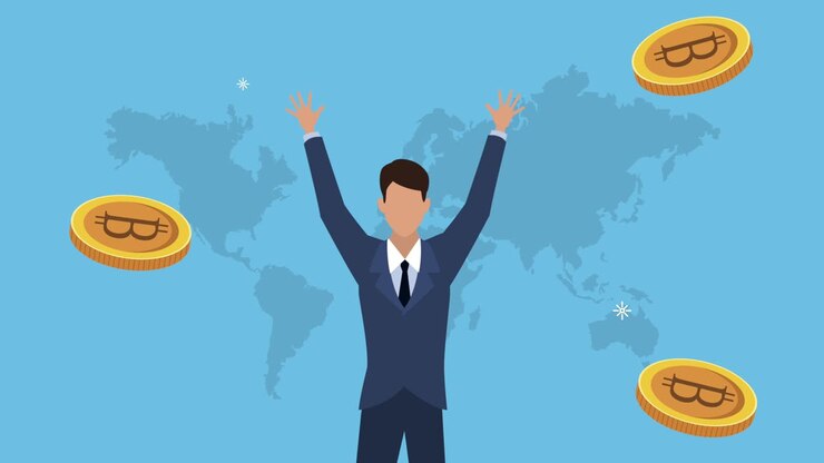 elegant businessman with bitcoins and earth maps