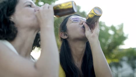 cheerful female friends drinking beer