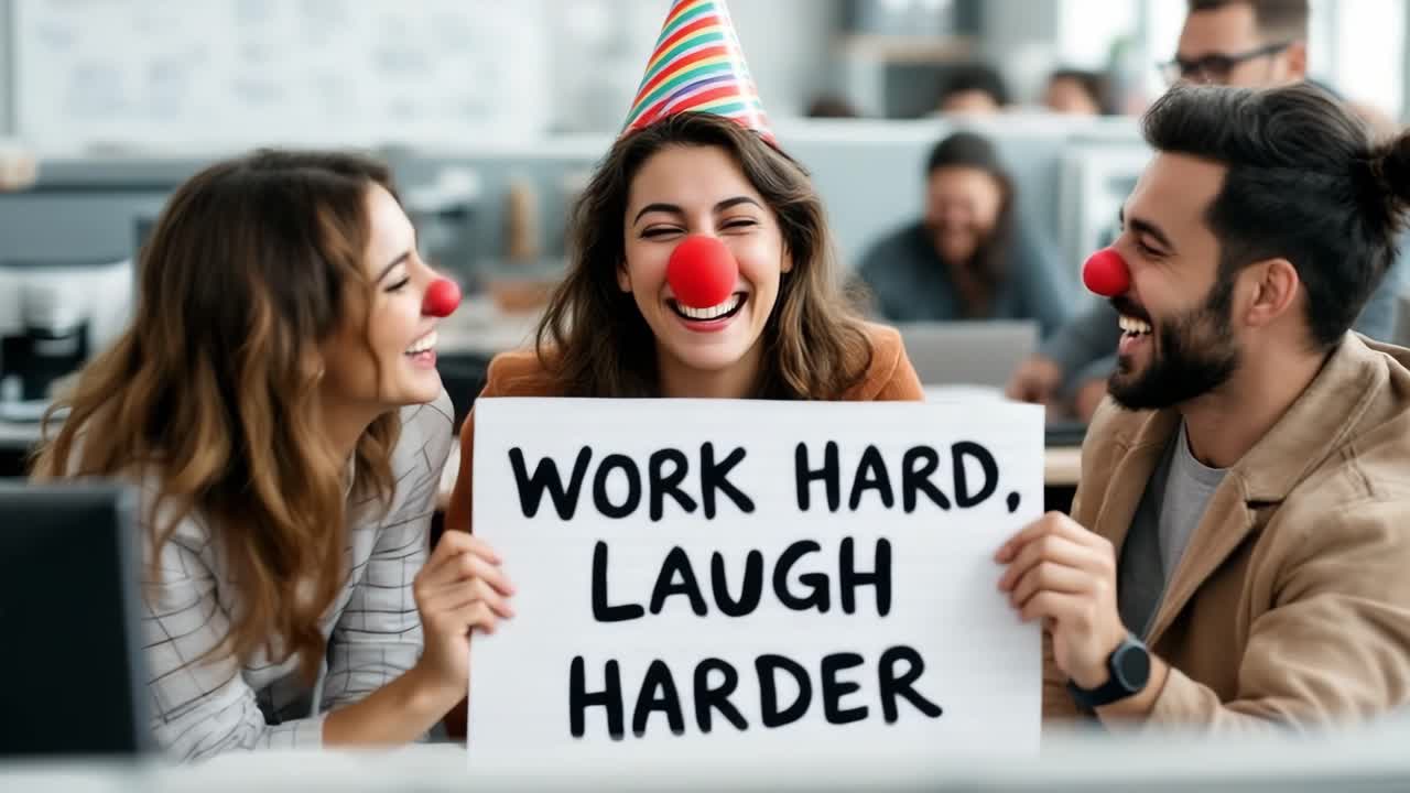 Uomini d'affari che festeggiano in ufficio indossando cappellini da festa e nasi da clown rossi, che tengono un cartello con scritto 'lavora, ridi più forte'