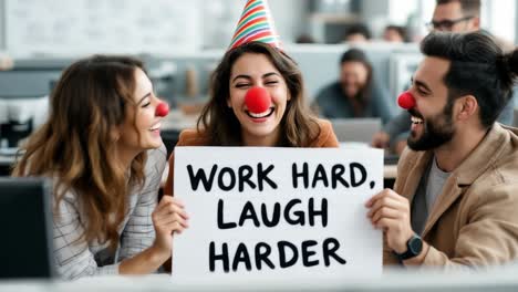 business people celebrating at the office wearing party hats and red clown noses, holding a sign saying work hard, laugh harder