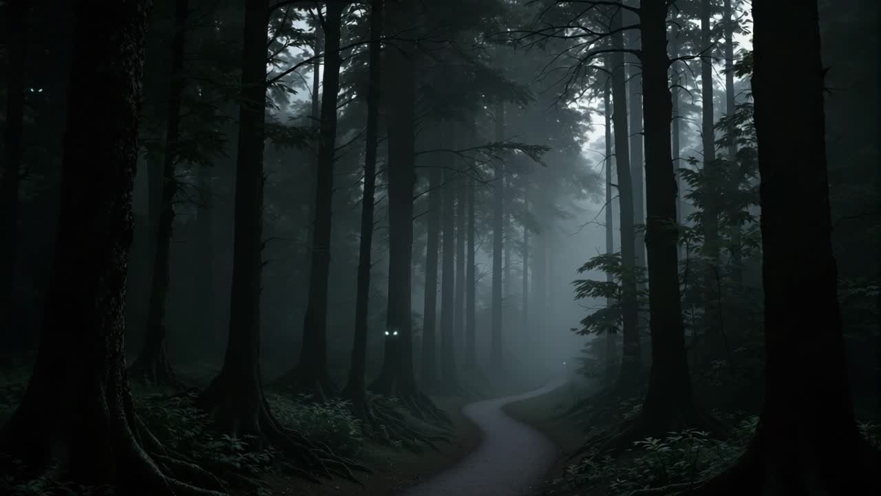 Mysterious Forest Path with Eerie Glowing Eyes