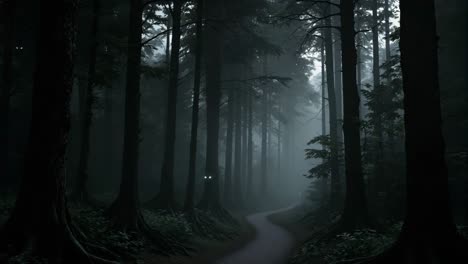 mysterious forest path with eerie glowing eyes