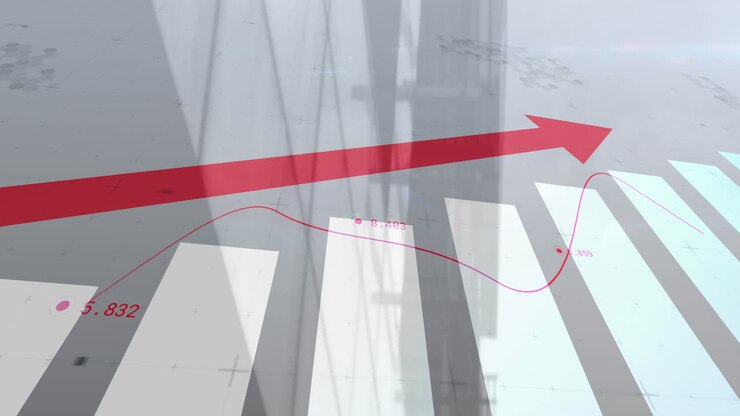 Animation of red arrow with statistics processing over cityscape