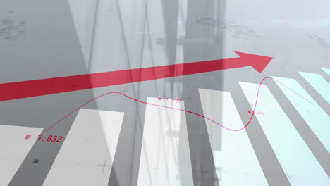 animación de la flecha roja con procesamiento de estadísticas sobre el paisaje urbano