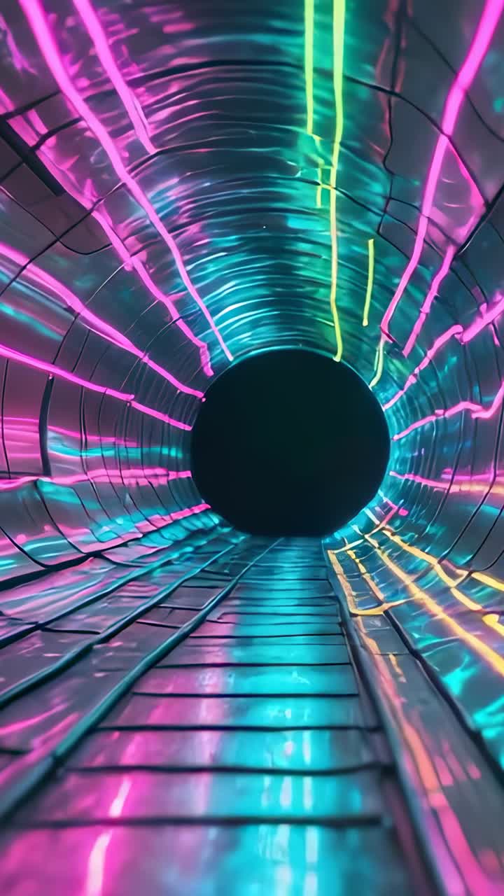 Vertical video: Gliding camera through metal corridor toward dark aperture, with neon reflections