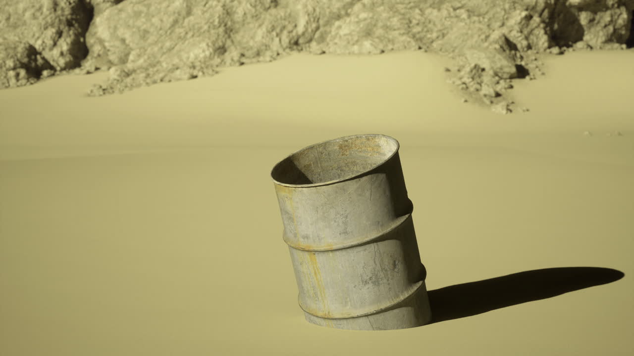 Rusty metal barrel partially buried in desert sand under bright sunlight