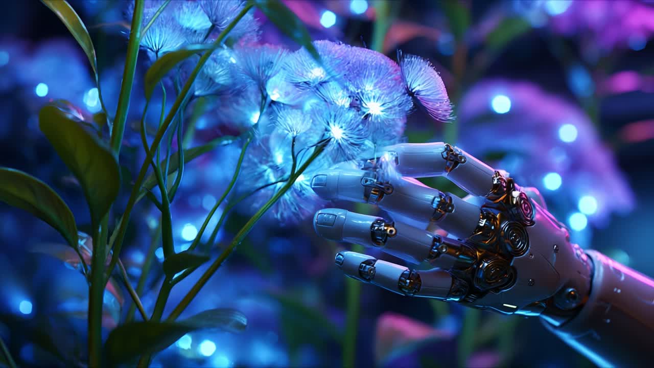 A futuristic robotic hand gently interacts with bioluminescent flowers, exploring the intricate beauty of organic life illuminated by artificial lights in a mesmerizing scene