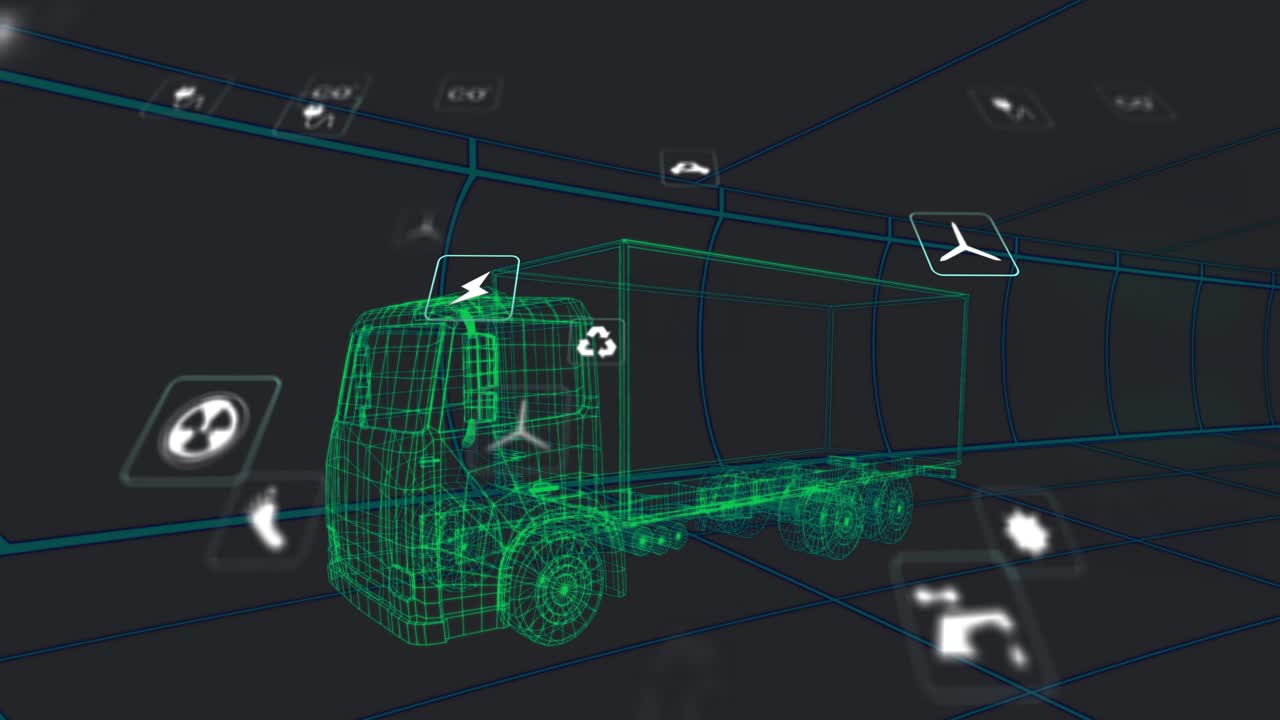 Eco icons appearing around wireframe truck, drifting along paths to visualize efficiency metrics