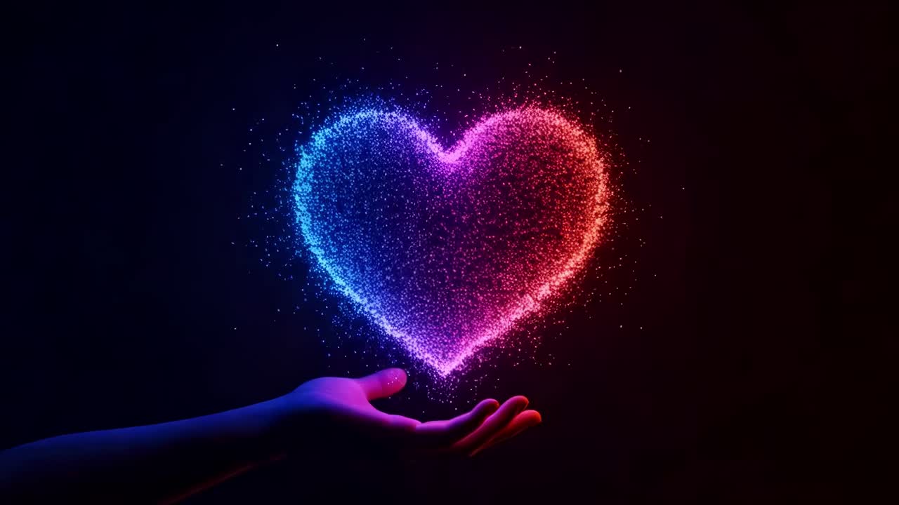A luminous heart shape formed by radiant particles is unveiled by a hand, set against a deep, dark background, creating a stunning visual