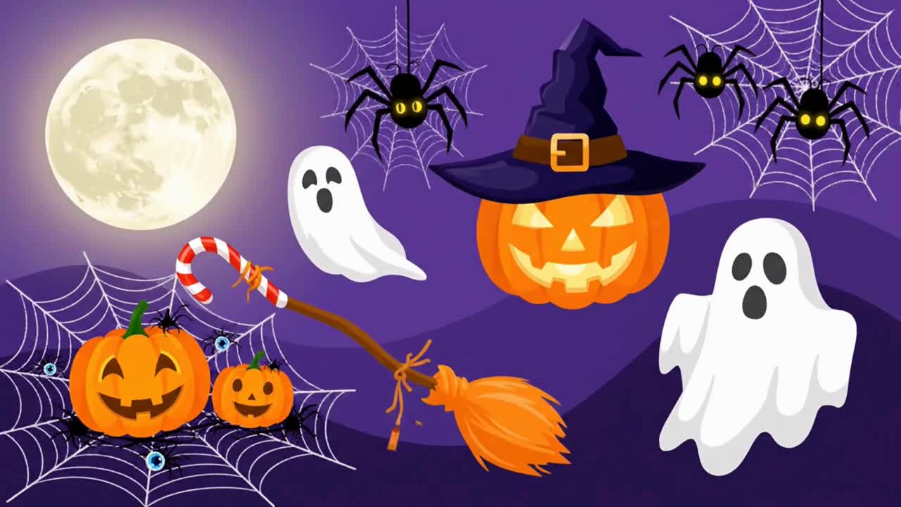 A spooky Halloween night scene with pumpkins, a ghost, and spiders