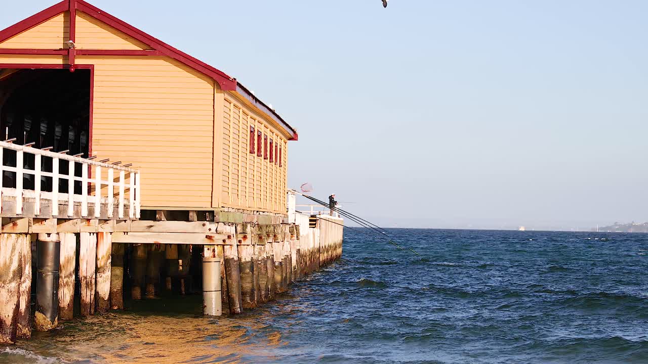 A tranquil scene of a fisherman on a pier in Bellarine, Victoria, with calm waters and soft lighting