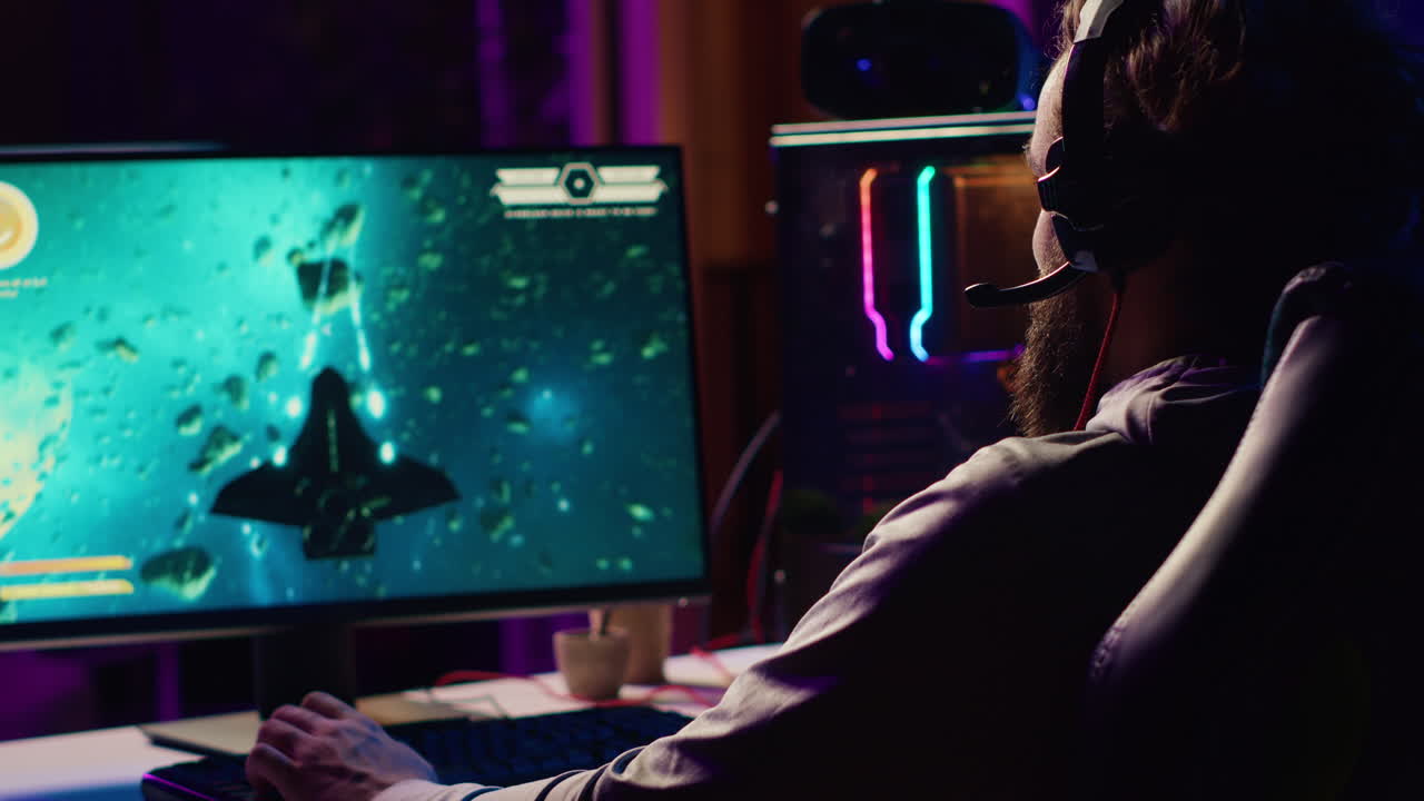 Man playing high FPS singleplayer game with spaceship shooting laser streams at asteroid