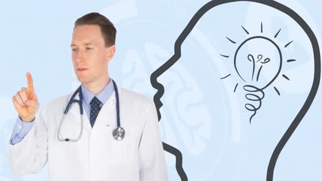 animación de un médico masculino caucásico y una cabeza con un icono de bombilla sobre el procesamiento de datos