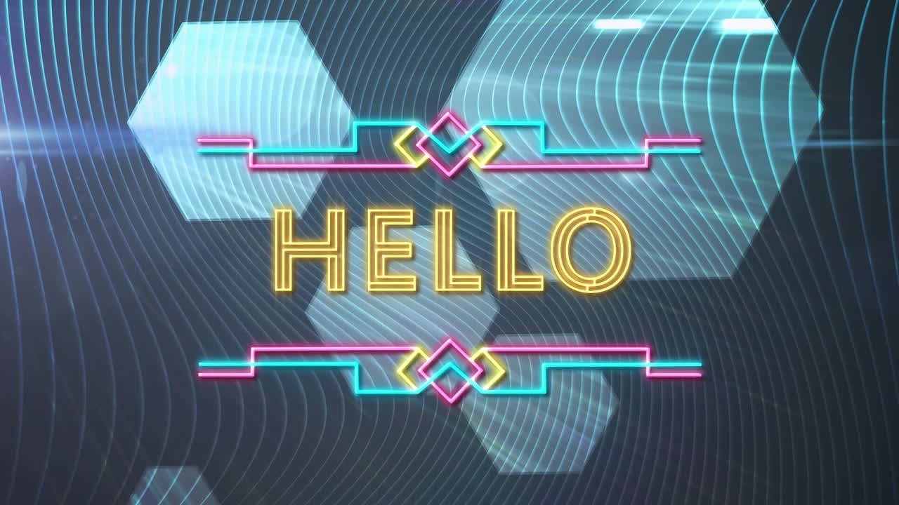파란색 배경의 육각형 모양에 대한 네온 안 ⁇ 하세요 텍스트의 디지털 애니메이션
