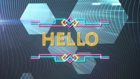animación digital del texto de saludo de neón contra formas hexagonales sobre fondo azul
