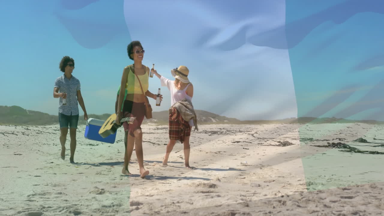 Walking on sunny beach, group of friends with drinks and cooler, animation