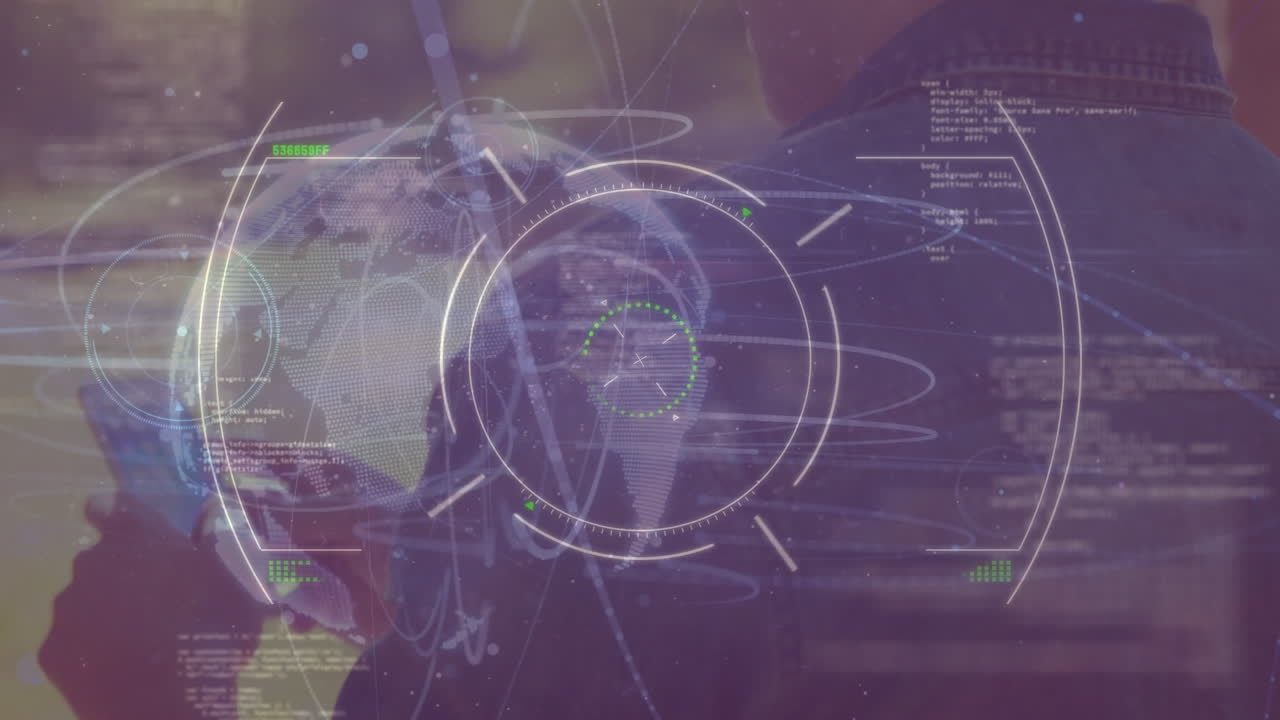 animación del procesamiento de datos con el globo sobre los hombres caucásicos