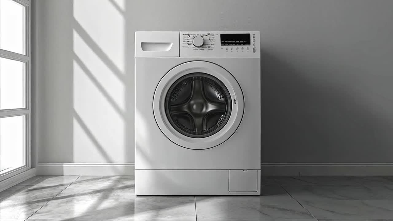 Modern White Front-Load Washing Machine in a Room with Window Light