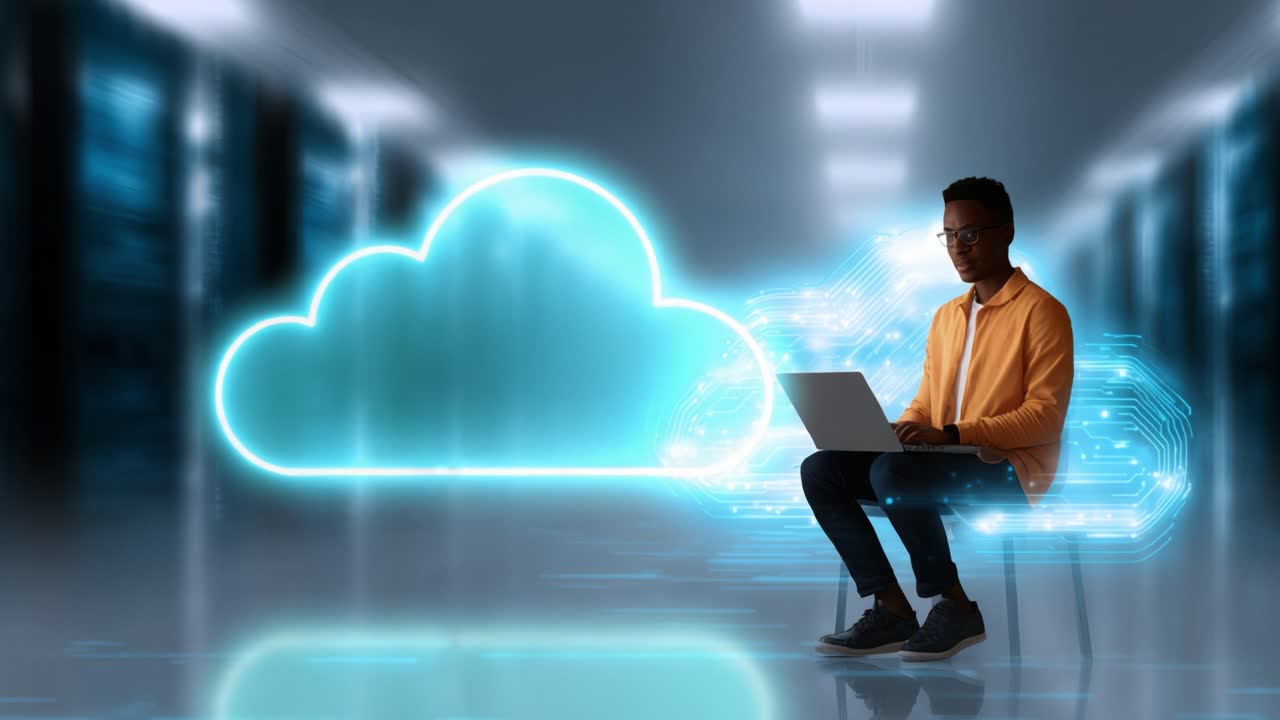 A focused individual engages with a laptop in a modern tech environment, symbolizing the integration of cloud computing and data management
