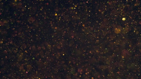 burbujas de oro bokeh transparente sin costuras que se levantan suavemente en el aire sobre un fondo cósmico oscuro, brillando.