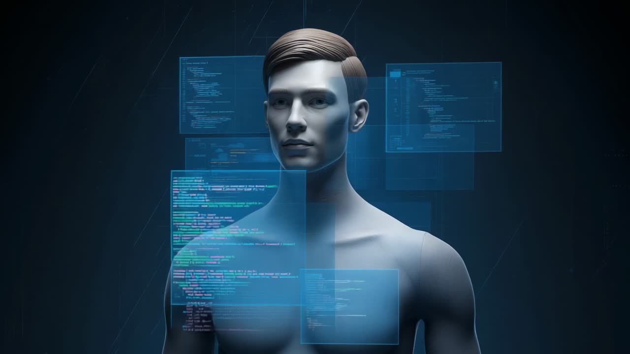 Rotating digital male humanoid figure in gridded backdrop, with floating code panels reorienting