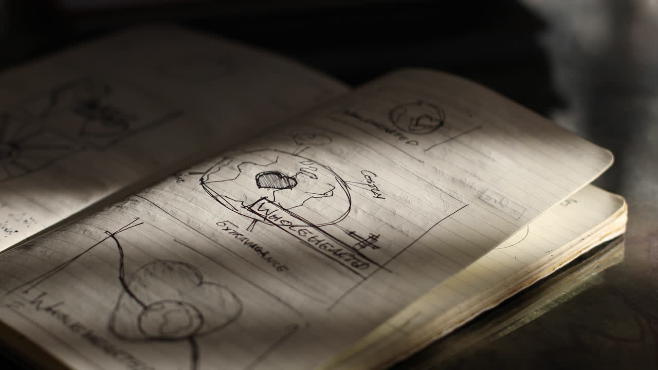 un viejo cuaderno abierto se coloca sobre la mesa con dibujos y la palabra de todo corazón