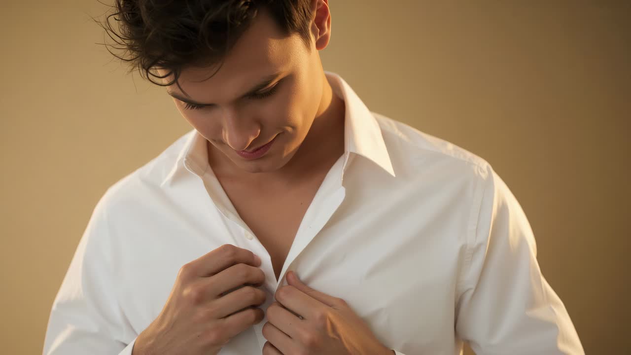 Uomo con camicia bianca visto dall'alto che abbottona i bottoni e sistema il colletto in studio davanti alla telecamera