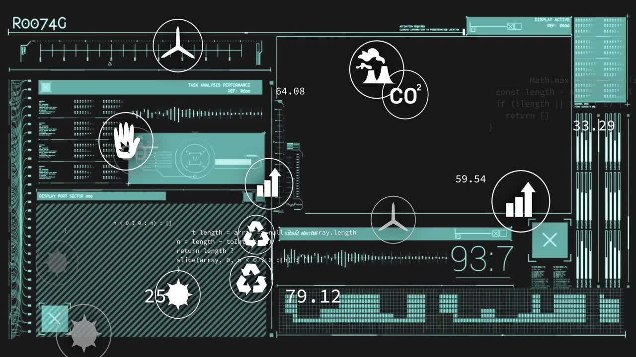 Environmental data and statistics animation over digital interface with various icons