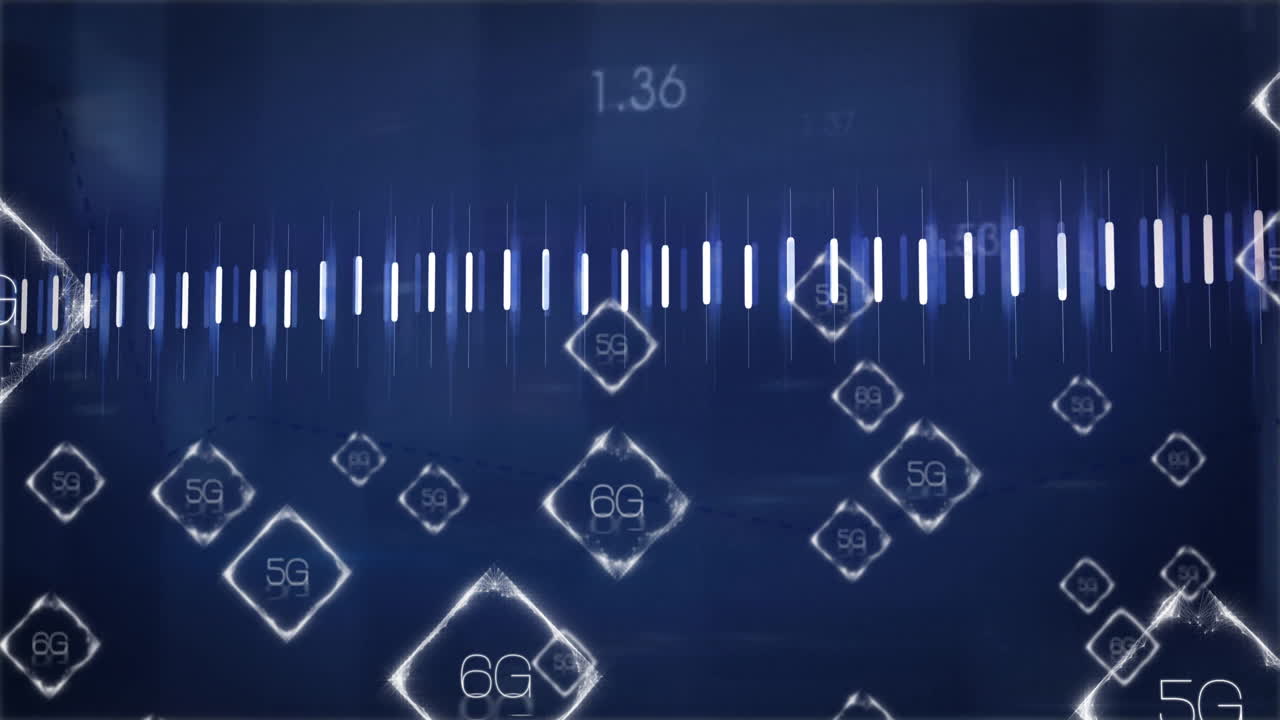 Animation of digital network with 6G and 5G symbols on blue background