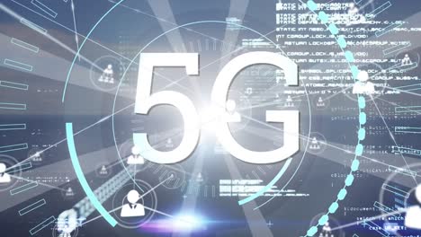 Animation-Des-Verbindungsnetzes-Mit-Symbolen-über-5g-Und-Stadtbild