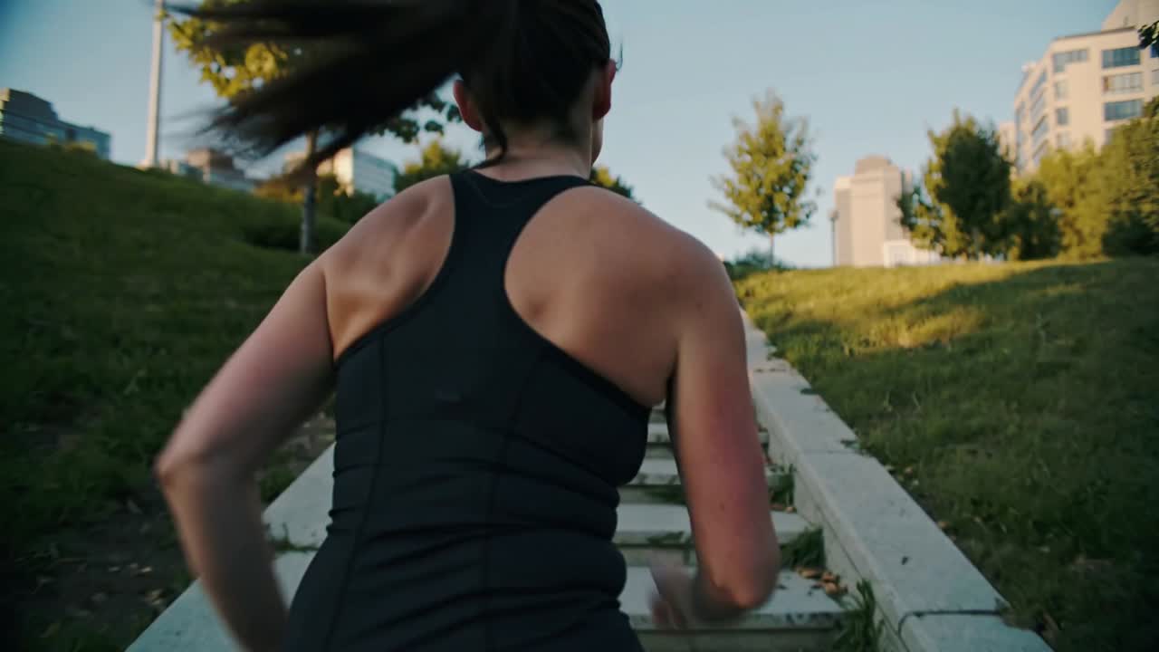 Running woman black tank tights starting at bottom ascending park steps holding red bottle workout
