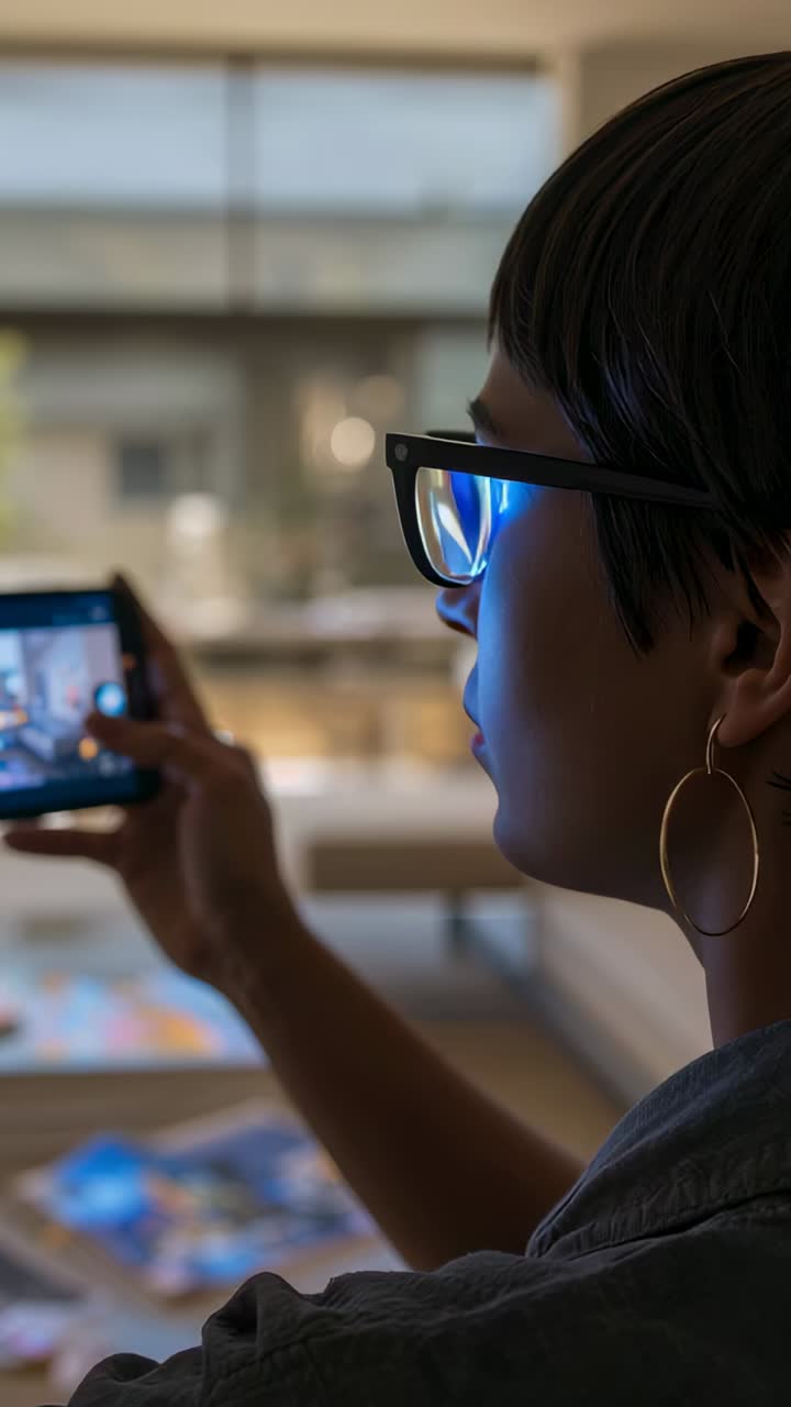 Vertical video: Holding phone, woman adjusting screen at home, glasses reflecting light, copy space