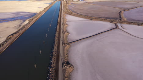 Toma-Cinematográfica-De-Drones-Del-Lago-Salado-Rosa-Y-El-Canal-Azul,-Revelando-La-Calzada-Del-Ferrocarril-Cerca-De-Salt-Lake-City,-Utah