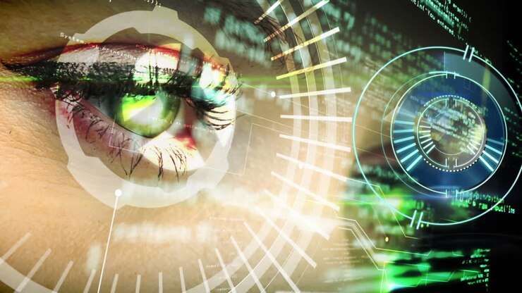Animation of digital interface and clock over woman's eyes