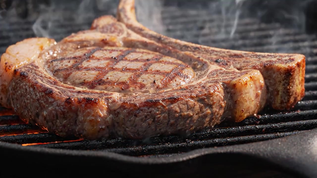 Grilling Perfection: A Close-Up of Juicy Steak and Delicious Chops on a Hot Grill, Showcasing the Mouthwatering Sizzle and Tempting Charred Texture